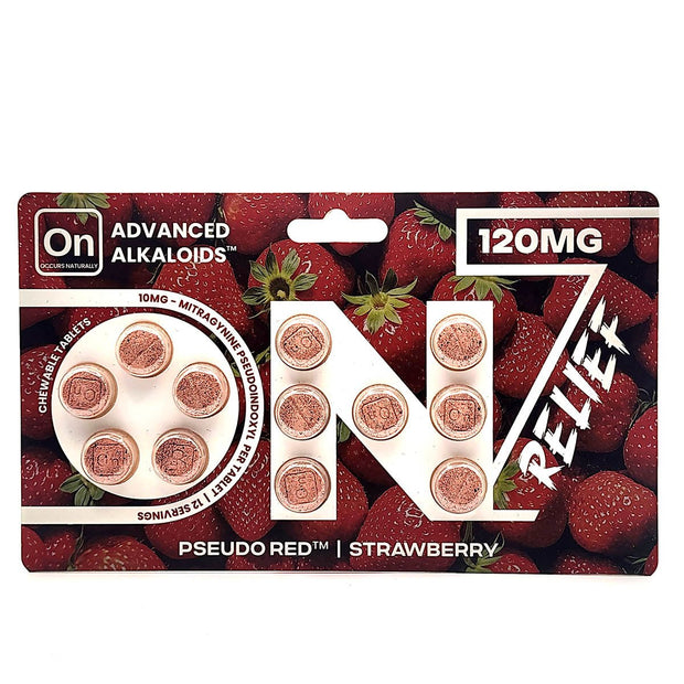 On7 Relief Pseudo Red Strawberry Chewable Tablets 120mg - Kratom Hood