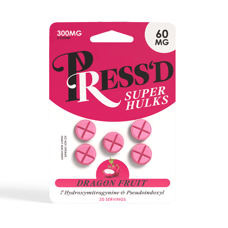 Press'd Super Hulks 60mg Tablets - 5 Pack 300mg - Dragonfruit - Kratom Hood