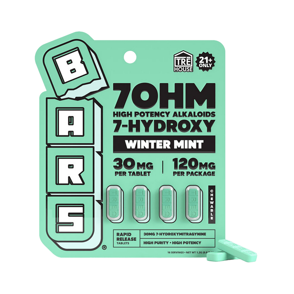 Tre House Bars 7OHM High Potency Alkaloids 7 - Hydroxy 4 Count Tablets 30MG - Kratom Hood