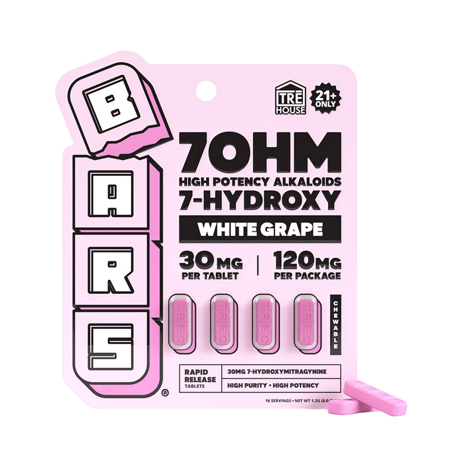 Tre House Bars 7OHM High Potency Alkaloids 7 - Hydroxy 4 Count Tablets 30MG - Kratom Hood